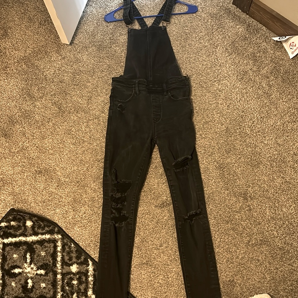Black denim skinny jean overalls